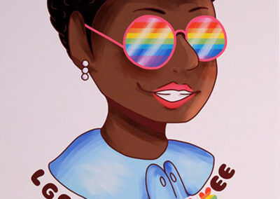 An illustration of a Black person with rainbow glasses smiling.