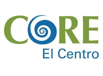 Blue and green logo for CORE El Centro. The "O" in CORE is replaced with a spiral shape.