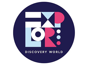 Navy blue circle with the word "Explore" represented through abstract white, light blue, and pink shapes taking up the majority of the space. The words Discovery World are underneath it in white text.