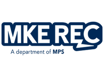 Milwaukee Recreation logo which reads MKE REC in white text outlined with navy blue. The second E has a lightning bolt-like shape protruding horizontally from the bottom line. The tagline reads "A department of MPS"