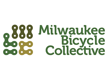 Milwaukee Bicycle Collective logo in a variety of earthy green colors. The image logo looks like the lowercase letters 'mbc' created out of the links of a bike chain.