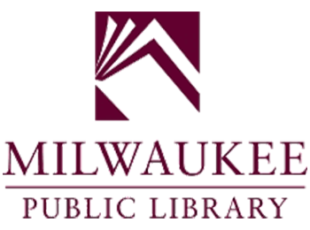 Milwaukee Public Library logo in a wine red color. The image logo looks like a simplified image of a partially opened book with some pages splaying apart.