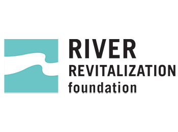 River Revitalization foundation logo with black text. On the left is a robin's egg blue square with a white swooping line crossing the square horizontally, indicating a river.