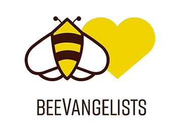 Logo of bee next to a yellow heart. The bee's overall shape looks like an upside-down heart.