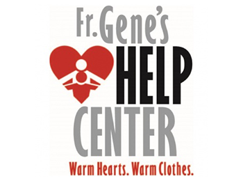 Logo for Father Gene's Help Center with green and black text and a red heart shape with two people icons in it. The red tagline reads "Warm Hearts. Warm Clothes."