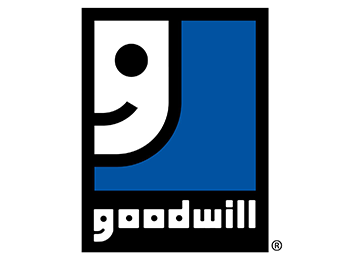 Goodwill logo of a blue box with a white lowercase 'g' in the upper corner. The 'g' also resembles half of a smiley face.