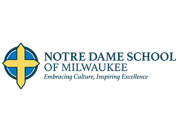 Notre Dame School of Milwaukee logo featuring a blue circle with darker blue ring around it, overlaid with a gold cross with pointed ends. The tagline reads "Embracing Culture, Inspiring Excellence"