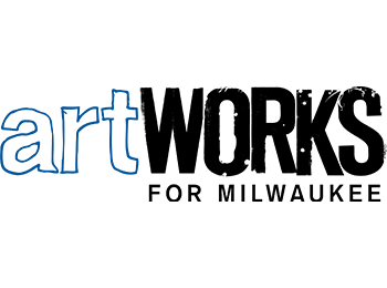 logo that says 'ArtWORKS for Milwaukee.' The word 'art' is white outlined with a hand-drawn blue line, and the word 'works' is black and all caps, with a distressed texture and slight mis-alignment of the letters. The words "For Milwaukee" are centered below the word "Works" in much smaller all-caps text.