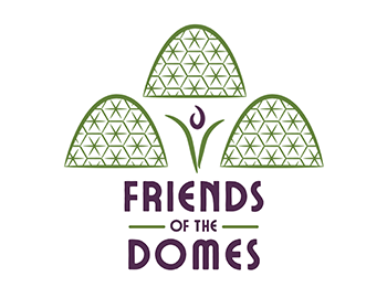 Friends of the Domes logo depicting the three Milwaukee Domes buildings in a leaf green color, with an abstract shape between the three of them that could either be interpreted as a purple flower bud with two green leaves, or a person with their arms raised. The organization name is on the bottom in purple.