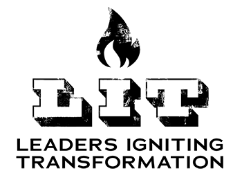 Black and white logo featuring the letters "LIT" in slab serif font with an outline and heavy drop shadow and an icon of a flame above the I, with a distressed texture throughout the black areas. Below, the words "Leaders Igniting Transformation" are aligned in two rows of clean, all caps, sans serif font.