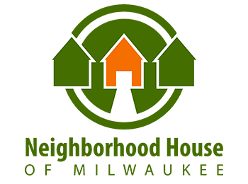 Grass-green logo featuring a row of three houses where the middle house is bright orange. The houses are framed by two green circles in a bullseye configuration. Below the logo are the words "Neighborhood House of Milwaukee"