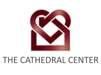 Maroon logo of a house icon intertwined with a heart icon, similar to the style of a Celtic knot. Underneath the logo, the words "The Cathedral Center" are printed in dark grey text.