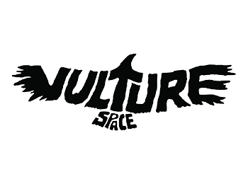 Black logo of the words "Vulture Space" in all caps that are arranged to look like a vulture in flight. The head of the vulture sticks up from the middle of the T, the feathers sprout from the sides and bottom edge of the word 'Vulture,' and the word "Space" creates a fanned tail.