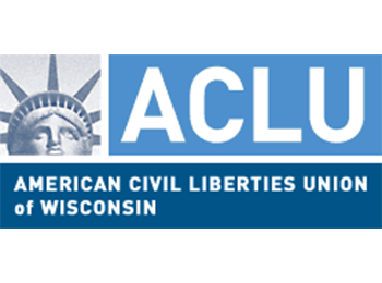 Three-part icon. The top left corner shows a closeup of the face of the statue of liberty in grayscale. The top-right is a light blue box with the letters ACLU in white text. Along the bottom of the entire logo is a darker blue box with the words "American Civil Liberties Union of Wisconsin" in white text.