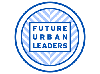 Blue circular logo with a lighter blue and white alternating chevron design in the background. In the center is a blue outline of a rectangle with the words "Future Urban Leaders" in sans serif uppercase font.