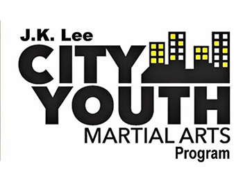 Black and white logo that reads "J.K. Lee City Youth Martial Arts Program" with the words City Youth the largest and boldest of all of them. Next to the word 'city' is a stylized icon of city skyscrapers with yellow and white windows.