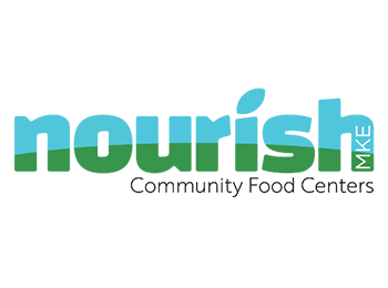 Logo depicting the word 'nourish' in rounded lowercase letters that are sky blue on top with an arc of grass green filling the bottom half of the word. Nestled at the end of the 'h' in Nourish, the letters "MKE" go up the right side of the H vertically in white text. Below the word nourish are the words "Community Food Centers" in small black sans-serif text.