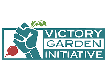 Rectangular logo primarily in teal and white. To the right are three lines alternating teal and white with the contrasting color text which reads Victory Garden Initiative, with one word on each line. On the left, a raised fist in teal breaks out of the upper bounds of the white rectangle, grasping a radish with a pinky red root and bright green leaf.