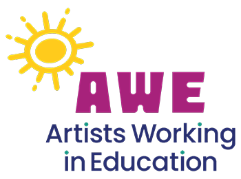 Logo depicting a bright yellow sun icon in the top left corner. To the bottom right of the sun are the letters "AWE" in large, playful, magenta-colored block lettering. Below that are the words Artists Working in Education in a navy sans-serif type.
