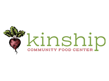 Logo with a detailed ink drawing of a radish colored with bright green leaves and a burgundy color for the root. To the right of the radish illustration is the word 'kinship' in light green text that matches the leaves, with the words 'community center' nested underneath it in smaller burgundy letters that match the root color.