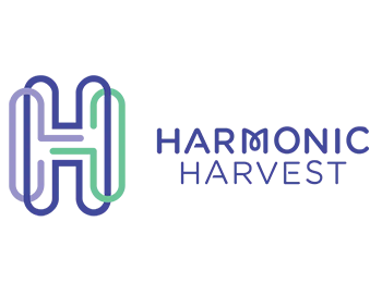 Wordmark that says 'Harmonic Harvest' in purple text. The M in the center of the wordmark loops in the middle, and the icon to the left of the wordmark is two overlapping H shapes that are made of interwoven green, purple, and light purple outlines.