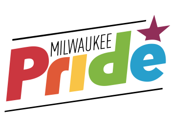 Logo depicting the word 'Milwaukee' in small, thin uppercase letters nested above the word 'Pride' in rainbow colors with a purple star peeking up over the edge of the e. The entire wordmark is angled slightly upwards from left to right, and a thin black line runs along the top and bottom of the wordmark.