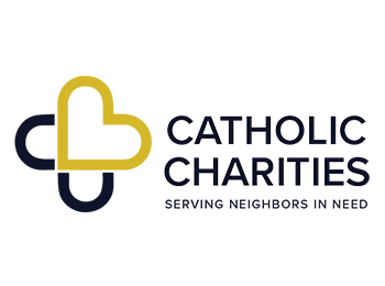 Logo for Catholic Charities. The image logo on the left side is a navy blue and gold intersecting icon where there is a gold heart that creates half of a stylized cross shape. To the right in sans serif text is are the words "Catholic Charities" with the tagline "Serving Neighbors in Need"