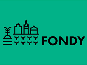 Black logo on bright seaweed-green backdrop. The logo has the word "Fondy" in all caps to the right, with simple line drawing interpretations of a root vegetable, a city, and a field full of seedlings.