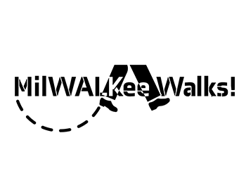 Black and white logo that says MilWALKee Walks! with an icon of two legs walking against the text