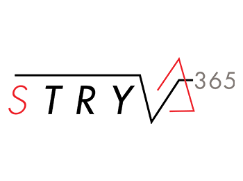 STRYV365 Logo in black and red. The word STRYV starts with a red S and ends in a V that extends up above the word slightly and extends in a horizontal line above the rest of the word STRYV. There is a red triangle behind the V and it ends with the numbers 365 in light grey on the right side of the V.