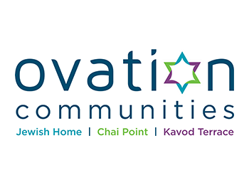 Logo with the words Ovation Communities in a deep blue color over a thin line, below which the three locations for the communities are listed (Jewish Home, Chai Point, Kavod Terrace.) The second O in the word 'Ovation' is a six-sided star in light green, purple, and light blue colors.