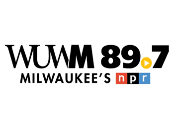 Black text logo in two rows. The first row says "WUWM 89.7." The period is a yellow circle with a triangular play button icon. The second row says "Milwaukee's npr" with the iconic red, black, and blue boxes around each letter of npr logo.